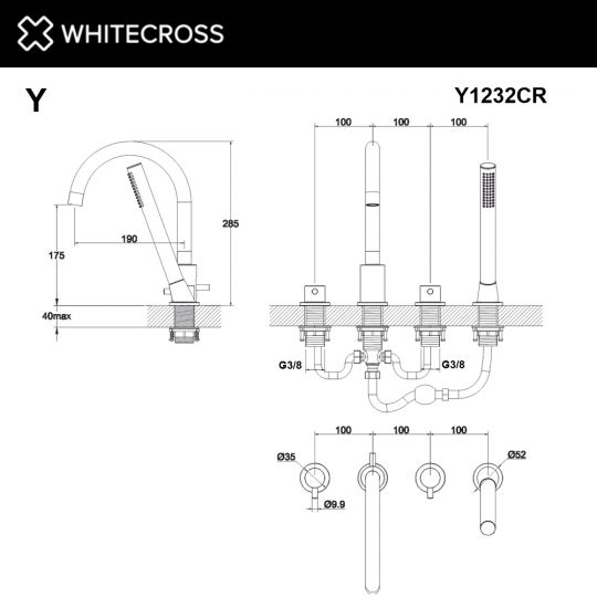 Смеситель для ванны на 4 отверстия WHITECROSS Y Y1232CR хром схема 3