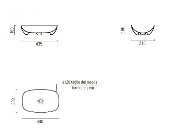 Раковина-чаша накладная овальная GSI NUBES 978326 380 мм х 600 мм, без перелива, цвет Чёрный матовый Ardesia схема 3