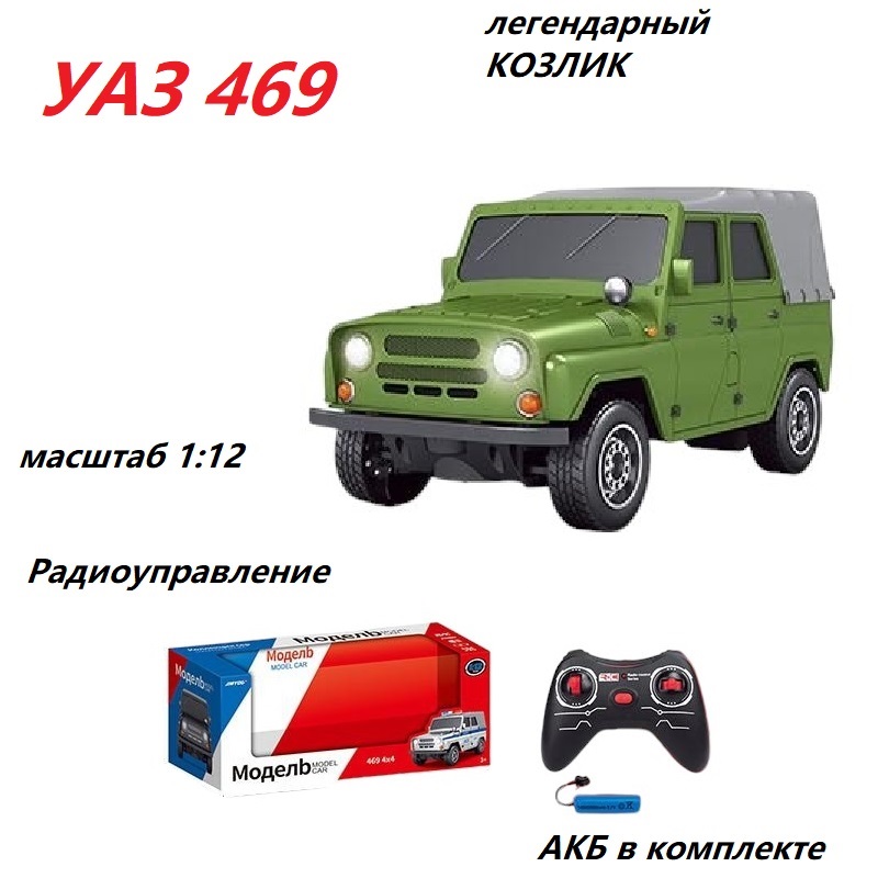 Радиоуправляемая машинка на аккумуляторах УАЗ 469 Козлик кабриолет с тентом 24 см. JY-4024