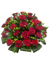Фото Ритуальная корзина из живых цветов 30 роз с черной лентой