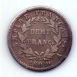 1/2 франка 1809 Франция XF Наполеон I