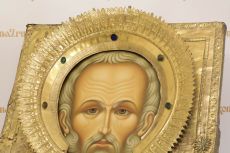 Икона Николай Чудотворец в окладе 19го века 64x79см (рукописная c сусальным золотом)