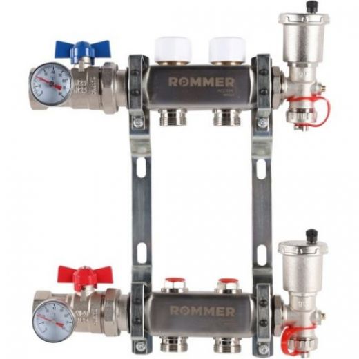 Rommer коллектор 1"x3/4", 2 контура с запорными клапанами в сборе из нерж. стали RMS-3210-000002