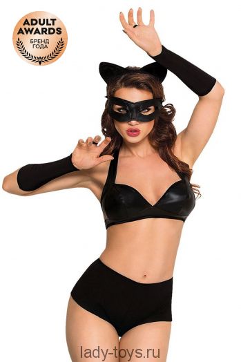 Костюм SoftLine Collection Catwoman (бюстгальтер,шортики,головной убор,маска,перчатки), черный, L