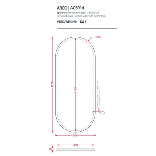 Зеркало Artceram Arco 500х1200 мм с LED-подсветкой и сенсорным выключателем ACS014 схема 2