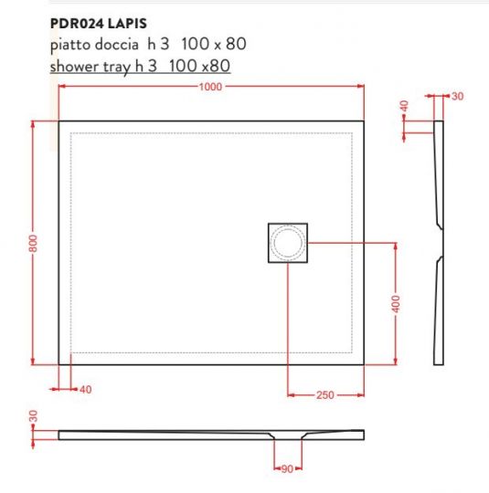 Керамический душевой Поддон Artceram Lapis PDR02 100х80 PDR024 схема 3