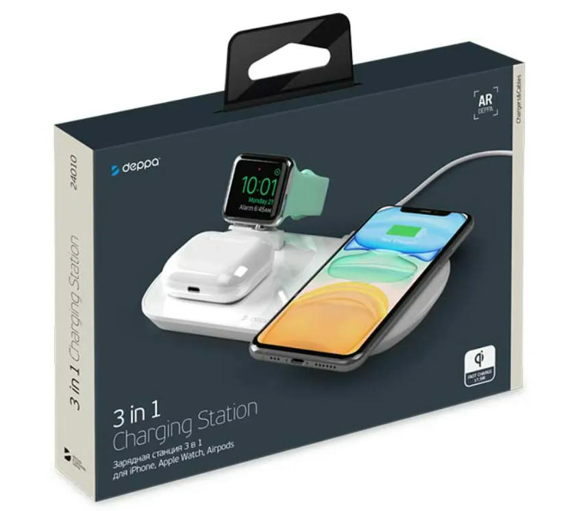 Беспроводное зарядное устройство Deppa Charging Station 3 в 1 (D-24010) для Apple Watch / iPhone/AirPods 17,5W (белый)